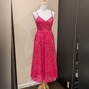 MSR XS Hot Pink Lace Midi Dress Spaghetti Strap Fit & Flare